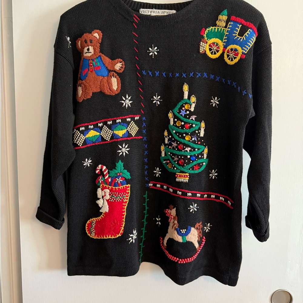 Victoria Jones Black Holiday Sweater with Festive Embroidery